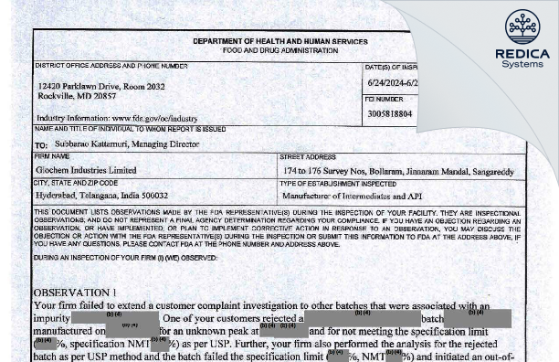 FDA 483 - Glochem Industries Private Limited [Hyderabad / India] - Download PDF - Redica Systems