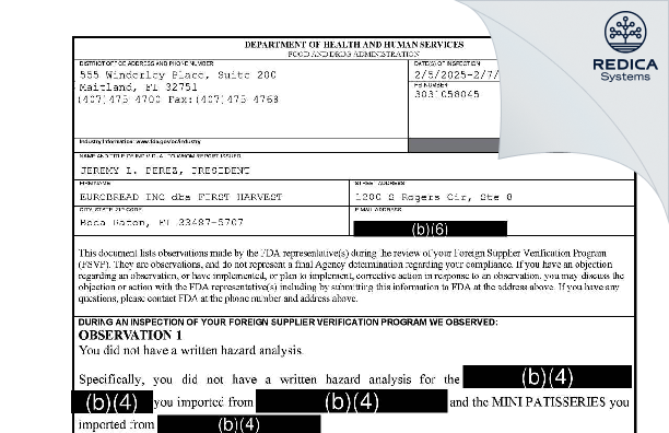 FDA 483 - EUROBREAD INC dba FIRST HARVEST [Boca Raton / United States of America] - Download PDF - Redica Systems