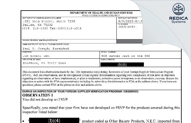 FDA 483 - JJR GLOBAL INC. [Stafford / United States of America] - Download PDF - Redica Systems
