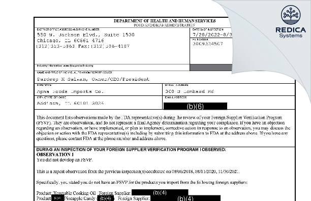 FDA 483 - Apna Foods Imports Co. [Addison / United States of America] - Download PDF - Redica Systems
