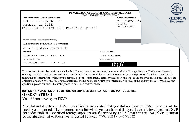 FDA 483 - Euphoria Fancy Food Inc [Brooklyn / United States of America] - Download PDF - Redica Systems