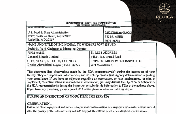 FDA 483 - CONCORD BIOTECH LIMITED [Dholka / India] - Download PDF - Redica Systems