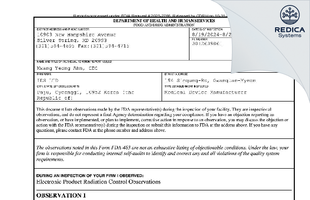 FDA 483 - IDS LTD [Seoul / Korea (Republic of)] - Download PDF - Redica Systems