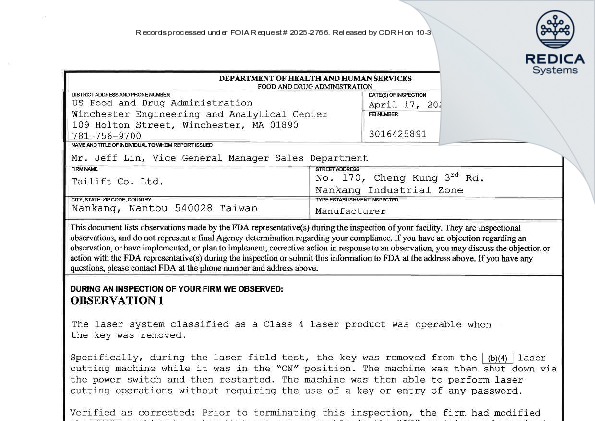 FDA 483 - Tailift Co., Ltd. [Nan Tou Shi / Taiwan] - Download PDF - Redica Systems