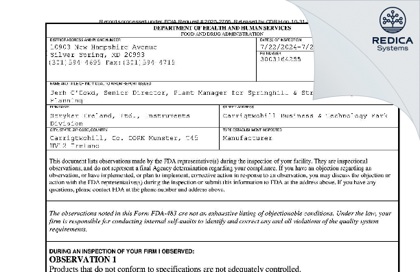 FDA 483 - Stryker Ireland, Ltd., Instruments Division [Cork / Ireland] - Download PDF - Redica Systems