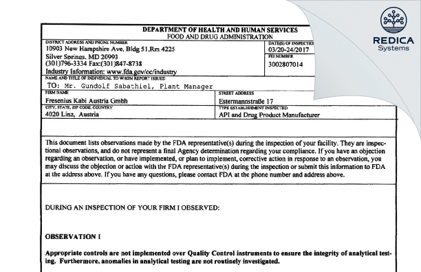 FDA 483 - Fresenius Kabi Austria GmbH [Linz / Austria] - Download PDF - Redica Systems
