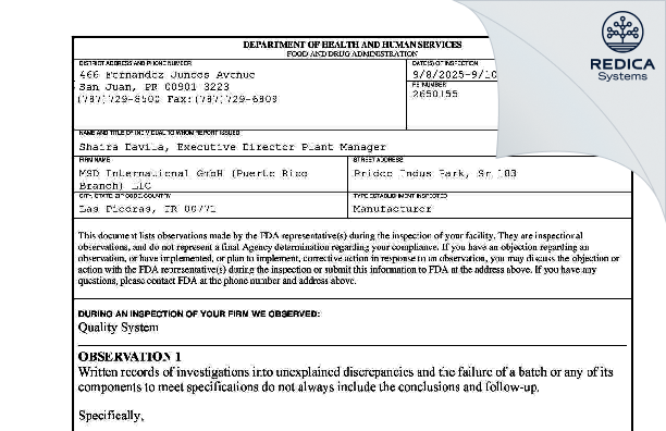FDA 483 - MSD International GmbH (Puerto Rico Branch) LLC [Montones / Puerto Rico] - Download PDF - Redica Systems