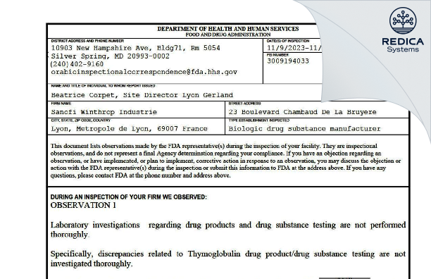FDA 483 - SANOFI WINTHROP INDUSTRIE [Lyon / France] - Download PDF - Redica Systems