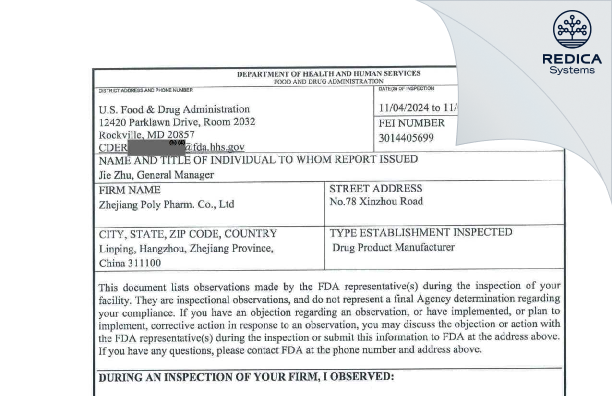 FDA 483 - Zhejiang Poly Pharm. Co., Ltd. [Hangzhou / China] - Download PDF - Redica Systems