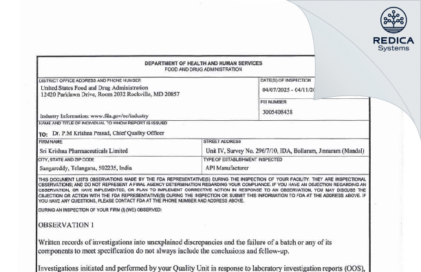 FDA 483 - Sri Krishna Pharmaceuticals Limited [Hyderabad / India] - Download PDF - Redica Systems