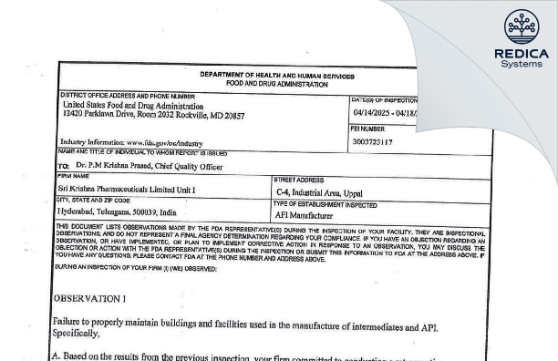FDA 483 - Sri Krishna Pharmaceuticals Limited [Hyderabad / India] - Download PDF - Redica Systems