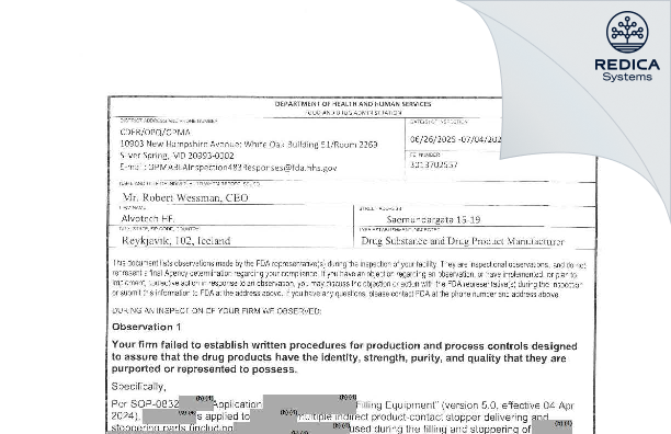 FDA 483 - Alvotech Hf [Reykjavík / Iceland] - Download PDF - Redica Systems