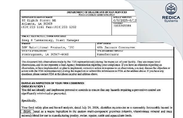 FDA 483 - DSM Nutritional Products, LLC [Pendergrass / United States of America] - Download PDF - Redica Systems
