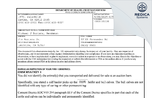 FDA 483 - Jim Bootsma Jr. [Nuevo / United States of America] - Download PDF - Redica Systems