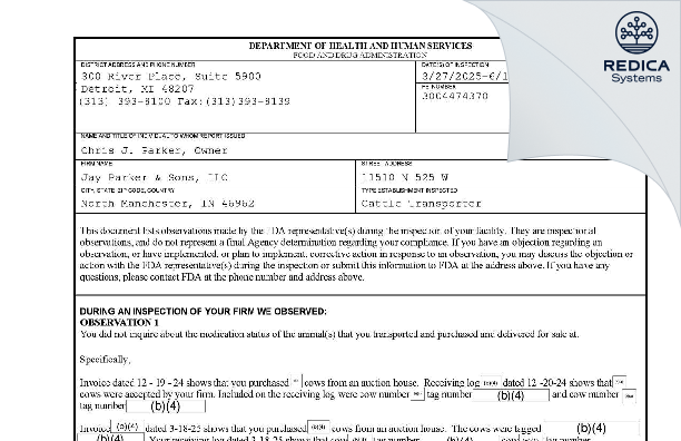 FDA 483 - Jay Parker & Sons, LLC [North Manchester / United States of America] - Download PDF - Redica Systems