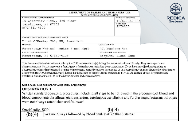 FDA 483 - Morristown Medical Center Atlantic Health Blood Bank [Morristown / United States of America] - Download PDF - Redica Systems