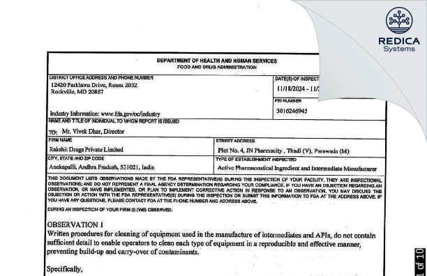 FDA 483 - RAKSHIT DRUGS PRIVATE LIMITED [Visakhapatnam / India] - Download PDF - Redica Systems
