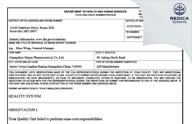 FDA 483 - GUANGZHOU HANPU PHARMACEUTICAL CO LTD [Guangzhou / China] - Download PDF - Redica Systems