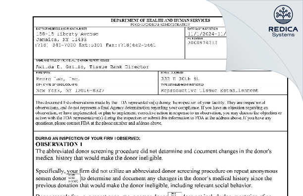 FDA 483 - Repro Lab [New York / United States of America] - Download PDF - Redica Systems