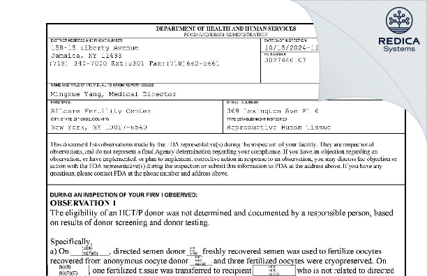 FDA 483 - ALLcare Fertility Center [New York / United States of America] - Download PDF - Redica Systems