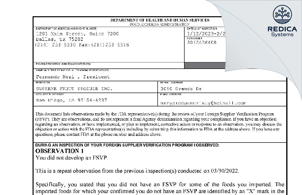 FDA 483 - SUPREME FRUIT PRODUCE INC. [San Diego / United States of America] - Download PDF - Redica Systems