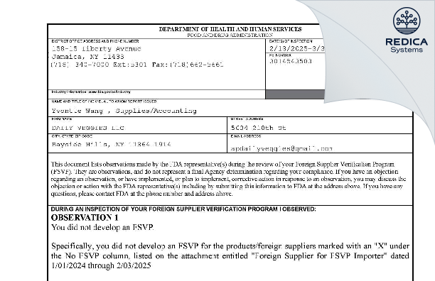 FDA 483 - DAILY VEGGIES LLC [Oakland Gardens / United States of America] - Download PDF - Redica Systems