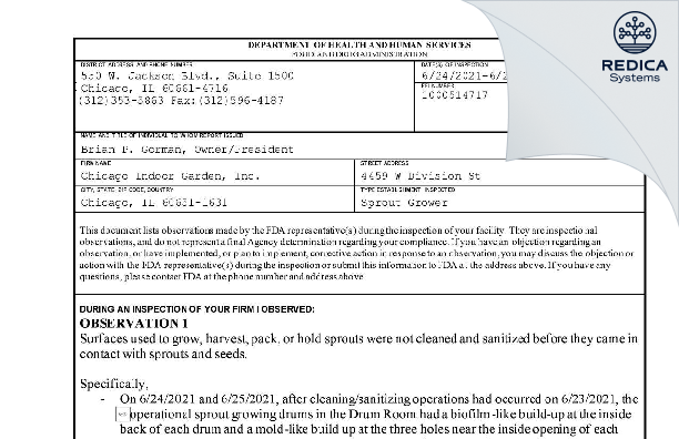 FDA 483 - Chicago Indoor Garden, Inc. [Chicago / United States of America] - Download PDF - Redica Systems