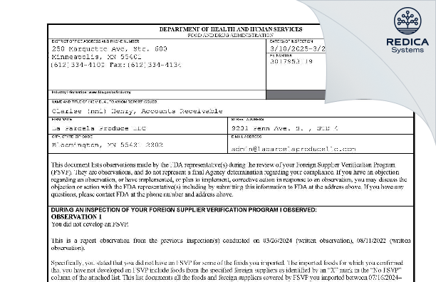 FDA 483 - La Parcela Produce LLC [Minneapolis / United States of America] - Download PDF - Redica Systems