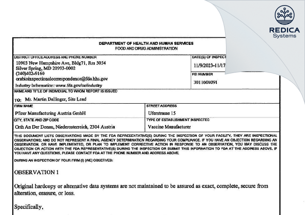 FDA 483 - Pfizer Manufacturing Austria GmbH [Orth An Der Donau / Austria] - Download PDF - Redica Systems