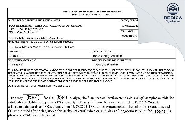 FDA 483 - ICON PLC [Lenexa / United States of America] - Download PDF - Redica Systems