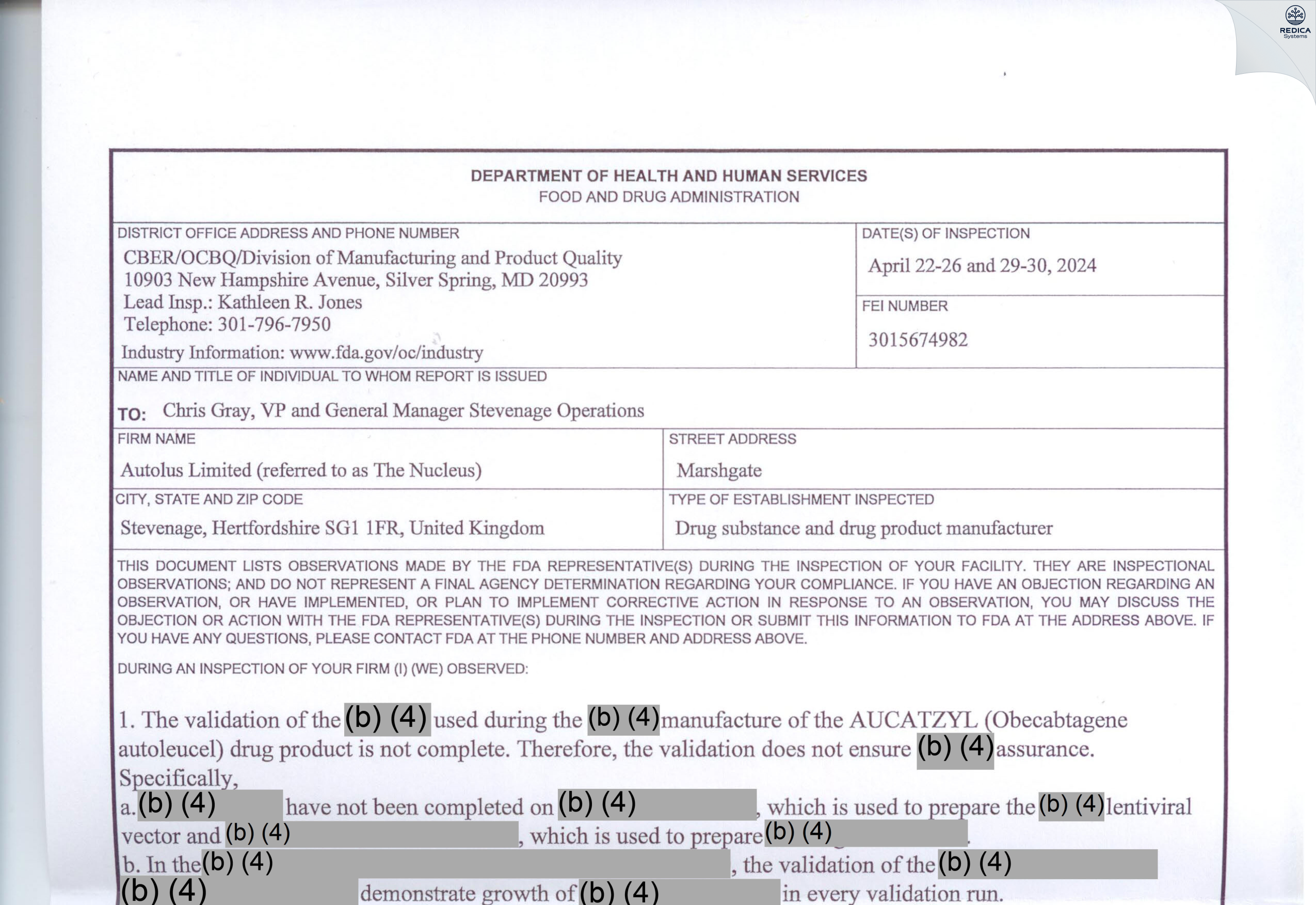 FDA 483 - Autolus Limited [Stevenage / United Kingdom of Great Britain and Northern Ireland] - Download PDF - Redica Systems