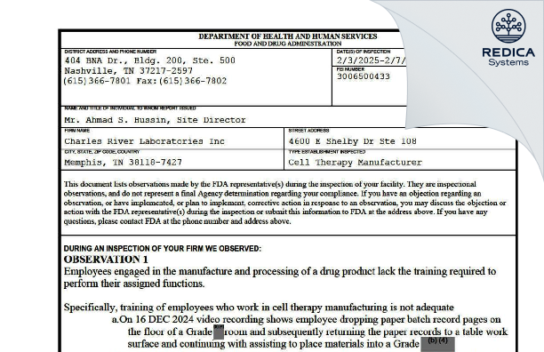 FDA 483 - Charles River Laboratories, Inc. [Memphis / United States of America] - Download PDF - Redica Systems