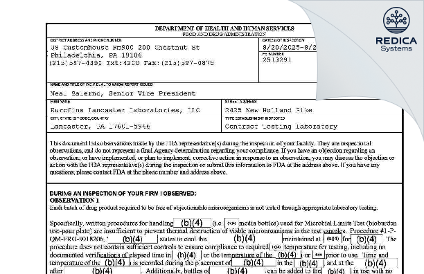 FDA 483 - Eurofins Lancaster Laboratories, Inc [Lancaster / United States of America] - Download PDF - Redica Systems