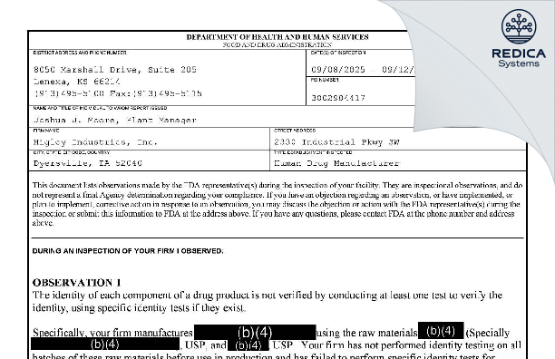 FDA 483 - Higley Industries, Inc. [Dyersville / United States of America] - Download PDF - Redica Systems