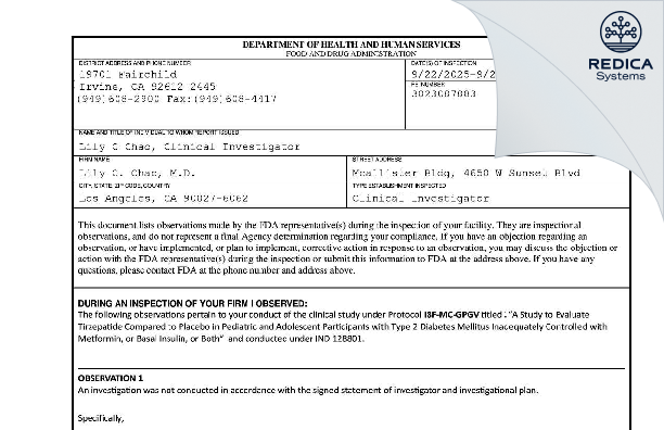 FDA 483 - Lily C. Chao, M.D. [Los Angeles / United States of America] - Download PDF - Redica Systems