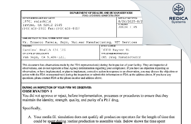 FDA 483 - Cardinal Health 414, LLC [Van Nuys / United States of America] - Download PDF - Redica Systems