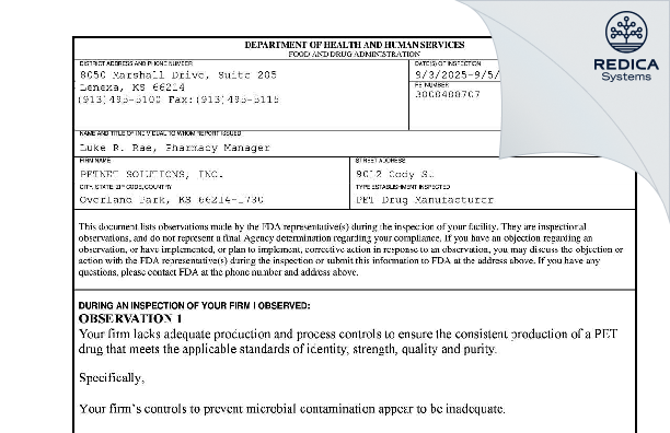 FDA 483 - PETNET SOLUTIONS, INC. [Overland Park / United States of America] - Download PDF - Redica Systems