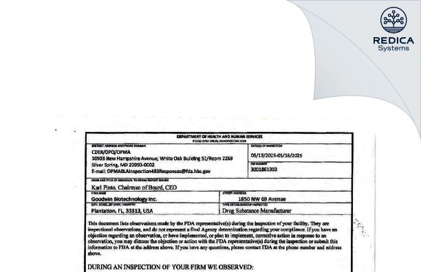 FDA 483 - Goodwin Biotechnology, Inc [Plantation / United States of America] - Download PDF - Redica Systems