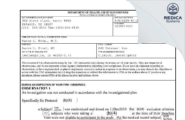 FDA 483 - Aaron C. Ermel, MD [Indianapolis / United States of America] - Download PDF - Redica Systems