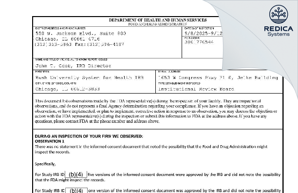 FDA 483 - Rush University Medical Center IRB [Chicago / United States of America] - Download PDF - Redica Systems