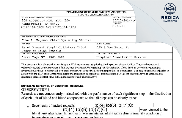 FDA 483 - St. Vincent Hospital [Green Bay / United States of America] - Download PDF - Redica Systems