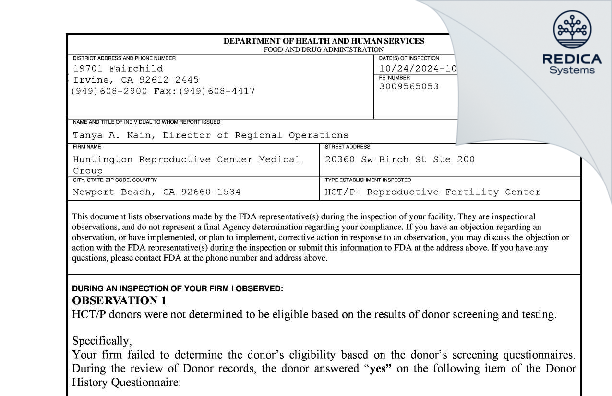 FDA 483 - Huntington Reproductive Center Medical Group [Newport Beach / United States of America] - Download PDF - Redica Systems