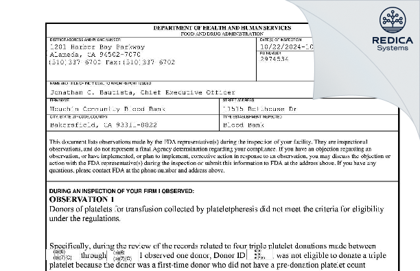 FDA 483 - Houchin Community Blood bank [Bakersfield / United States of America] - Download PDF - Redica Systems