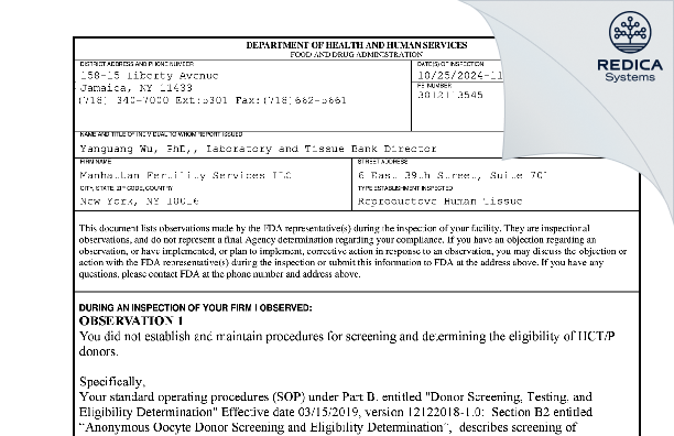 FDA 483 - Manhattan Fertility Services LLC [New York / United States of America] - Download PDF - Redica Systems