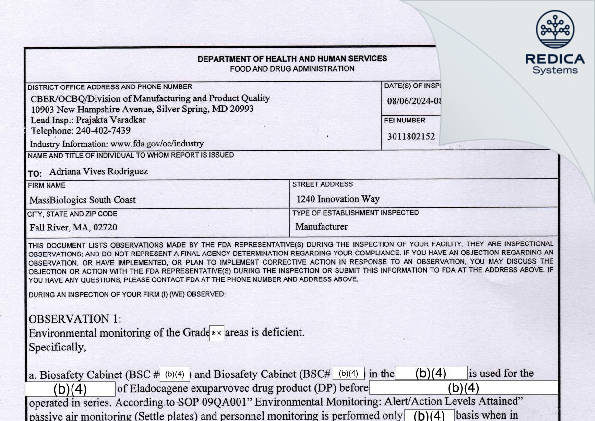 FDA 483 - MassBiologics South Coast [Fall River / United States of America] - Download PDF - Redica Systems
