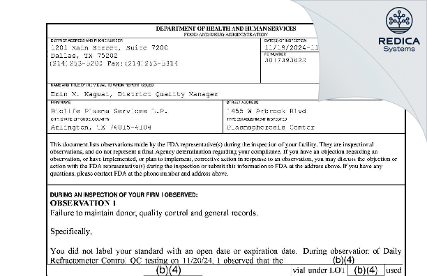 FDA 483 - BioLife Plasma Services L.P. [Arlington / United States of America] - Download PDF - Redica Systems
