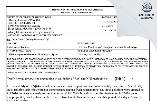 FDA 483 - Laboratorios Liconsa SAU [Azuqueca De Henares / Spain] - Download PDF - Redica Systems