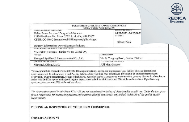 FDA 483 - Shanghai SynTheAll Pharmaceutical Co., Ltd. [Jinshan / China] - Download PDF - Redica Systems
