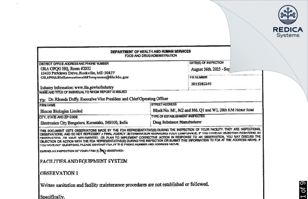 FDA 483 - Biocon Biologics Limited [Bengaluru / India] - Download PDF - Redica Systems