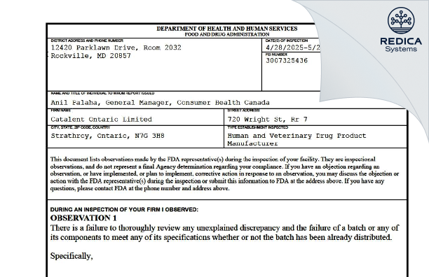 FDA 483 - Catalent Ontario Limited [Strathroy / Canada] - Download PDF - Redica Systems